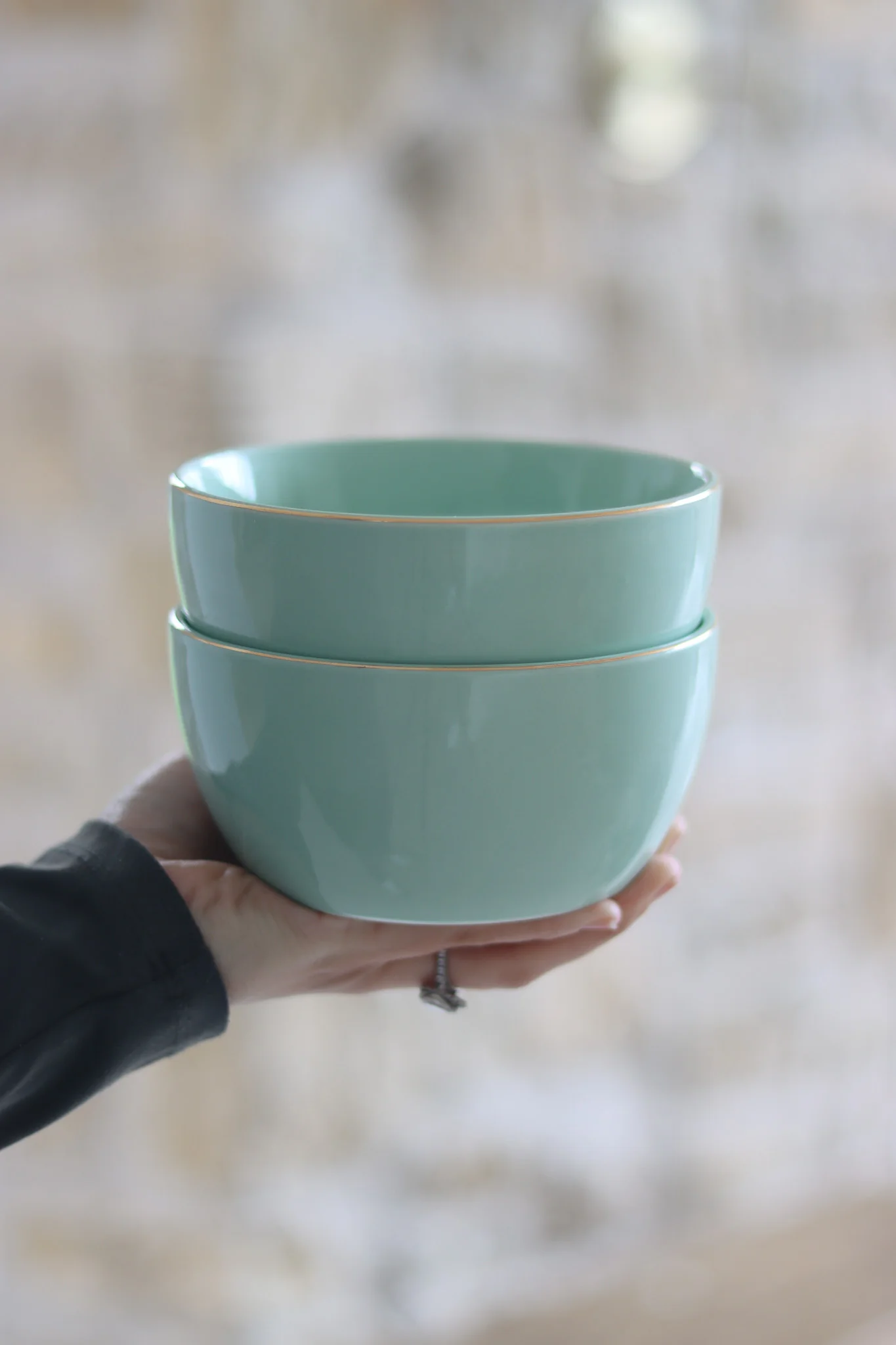 Ceramic Bowl Set – 2 Piece – Green Gold Trim - Image 3