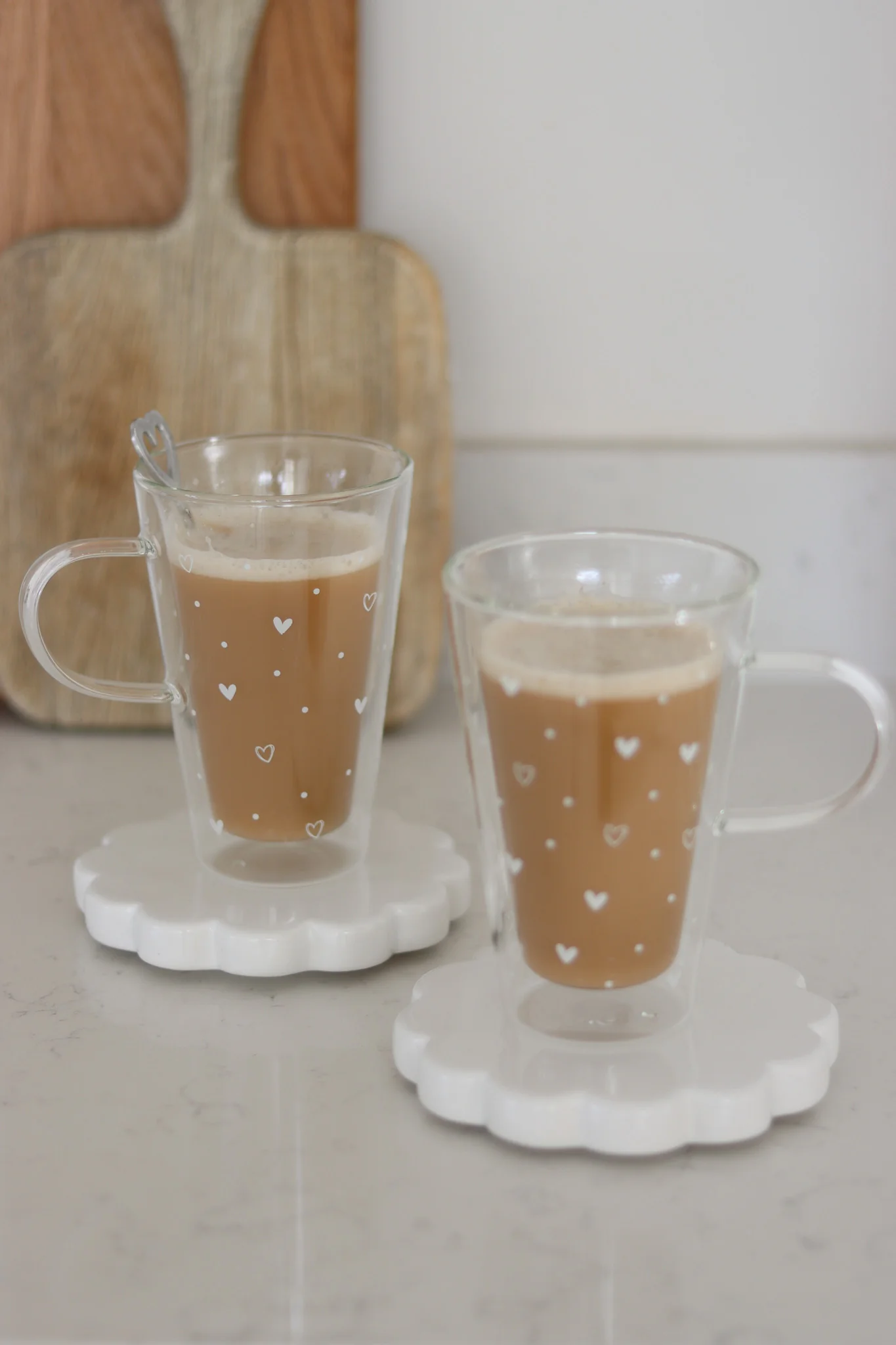 Double Walled Glass Latte Mugs Set - 2 Piece - Hearts And Dots/White - Image 3
