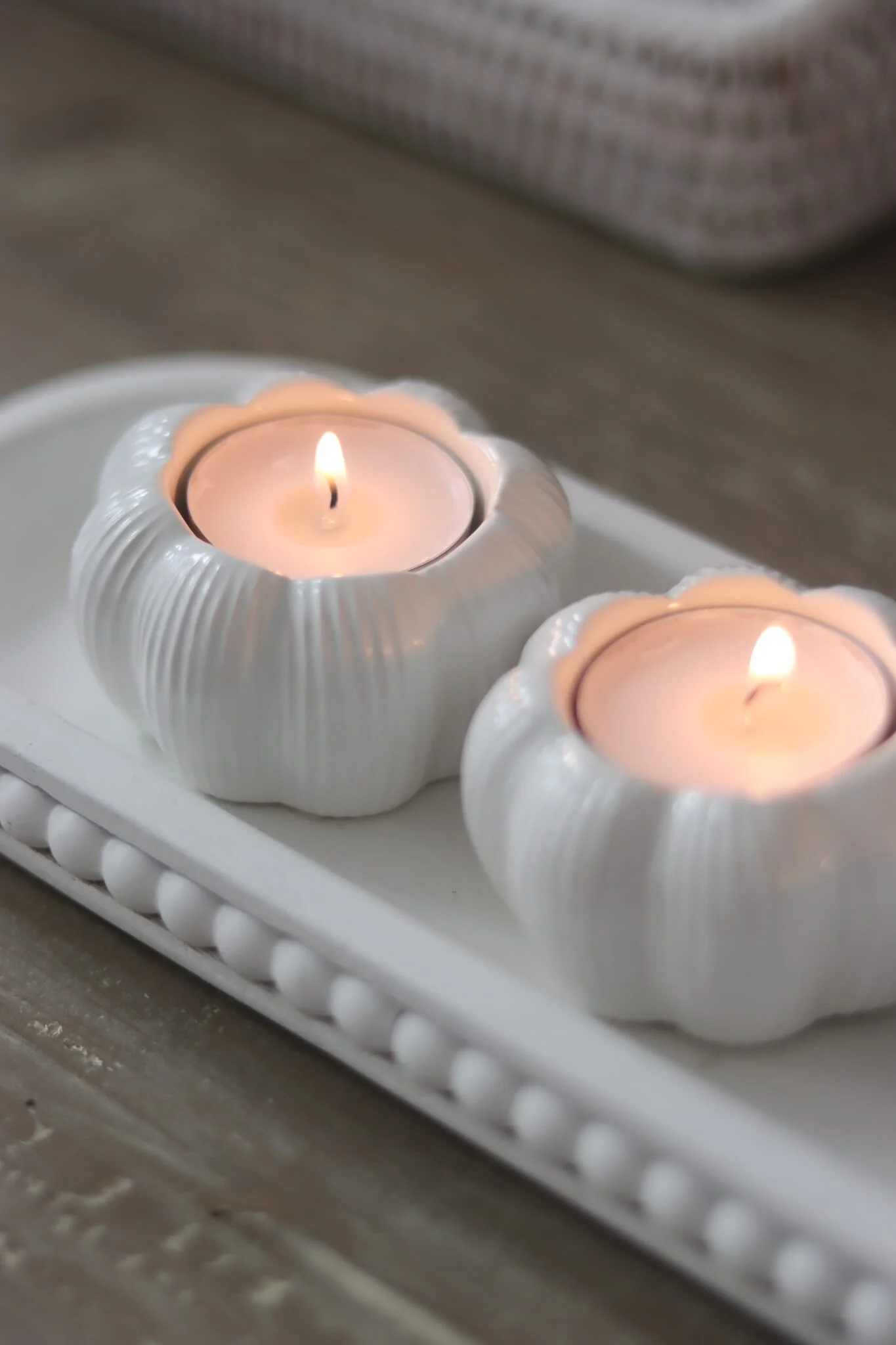 Set of 3 Ceramic Pumpkin Tea Light Holders - White - Image 3