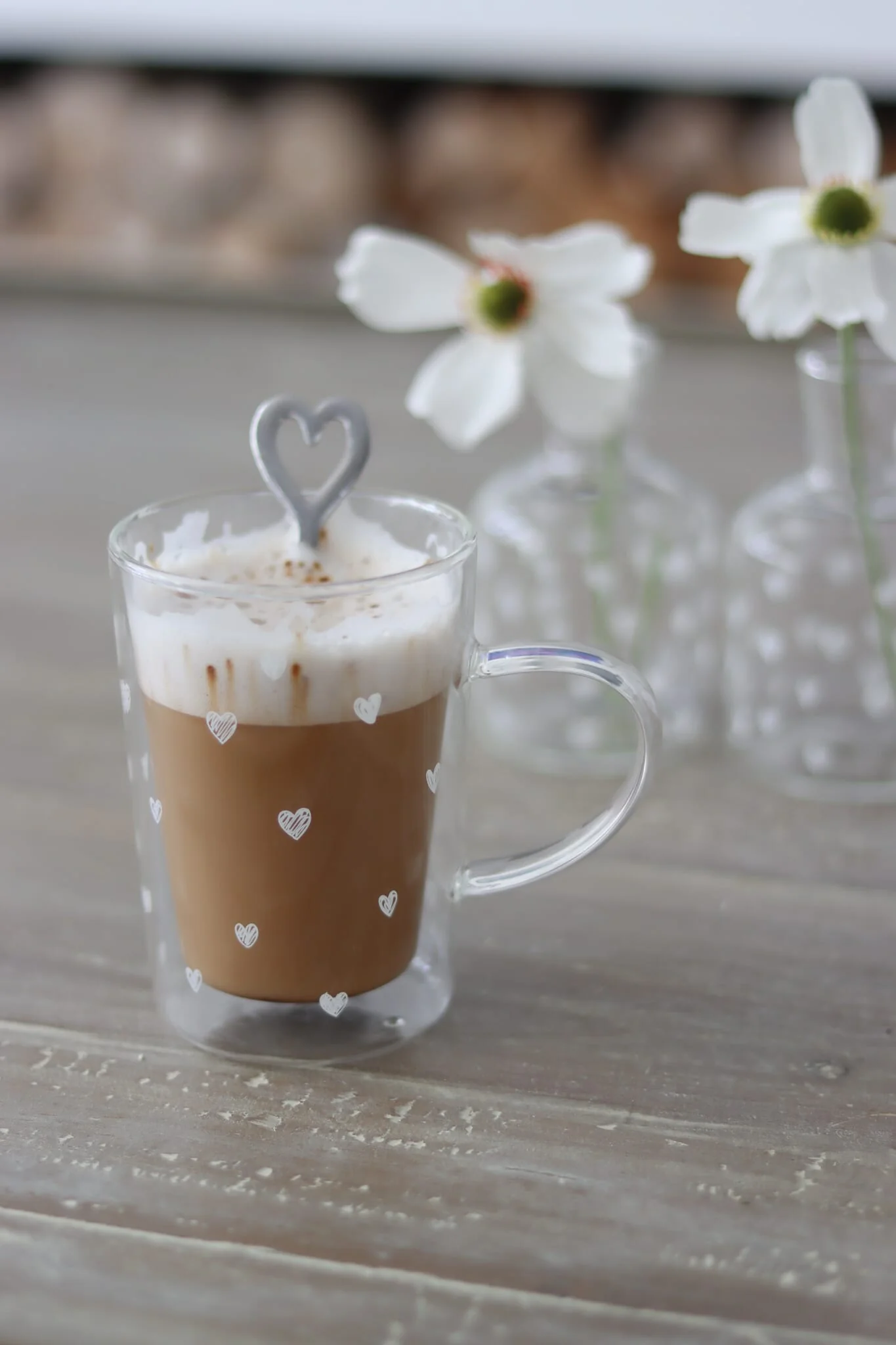 Slim Double Walled Glass Mug - Small Multi Hearts White