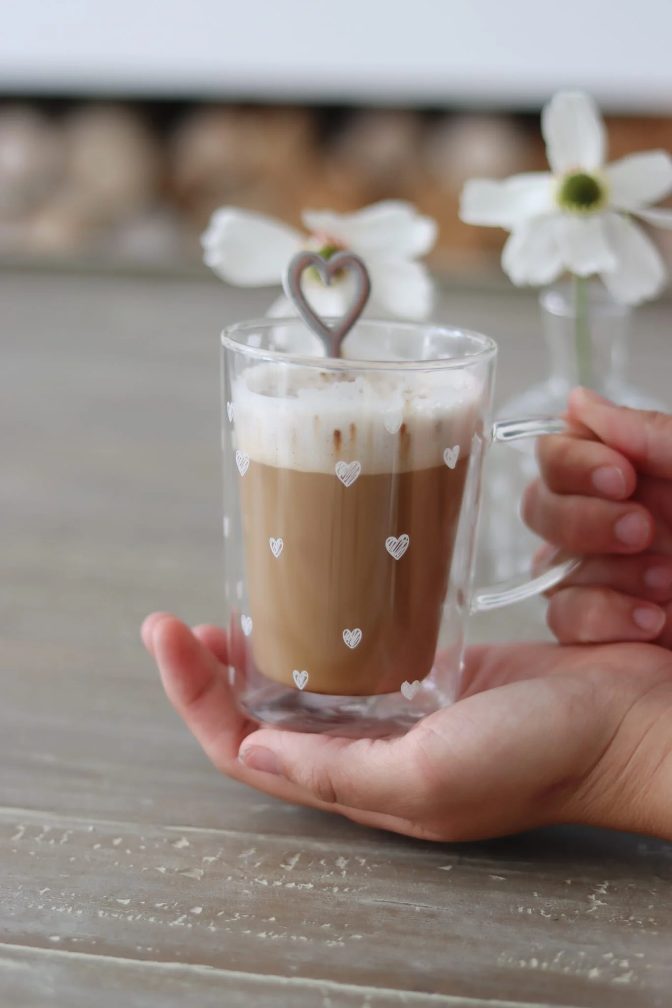 Slim Double Walled Glass Mug - Small Multi Hearts White - Image 2