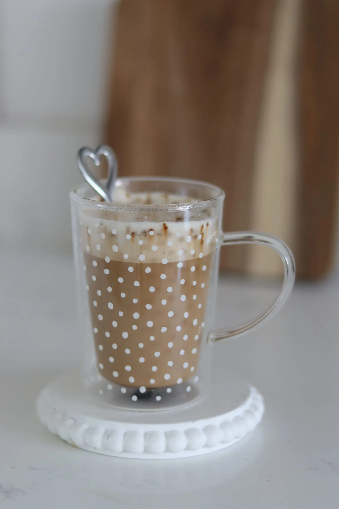 Slim Double Walled Glass Mug - White Polka Dot - Image 2