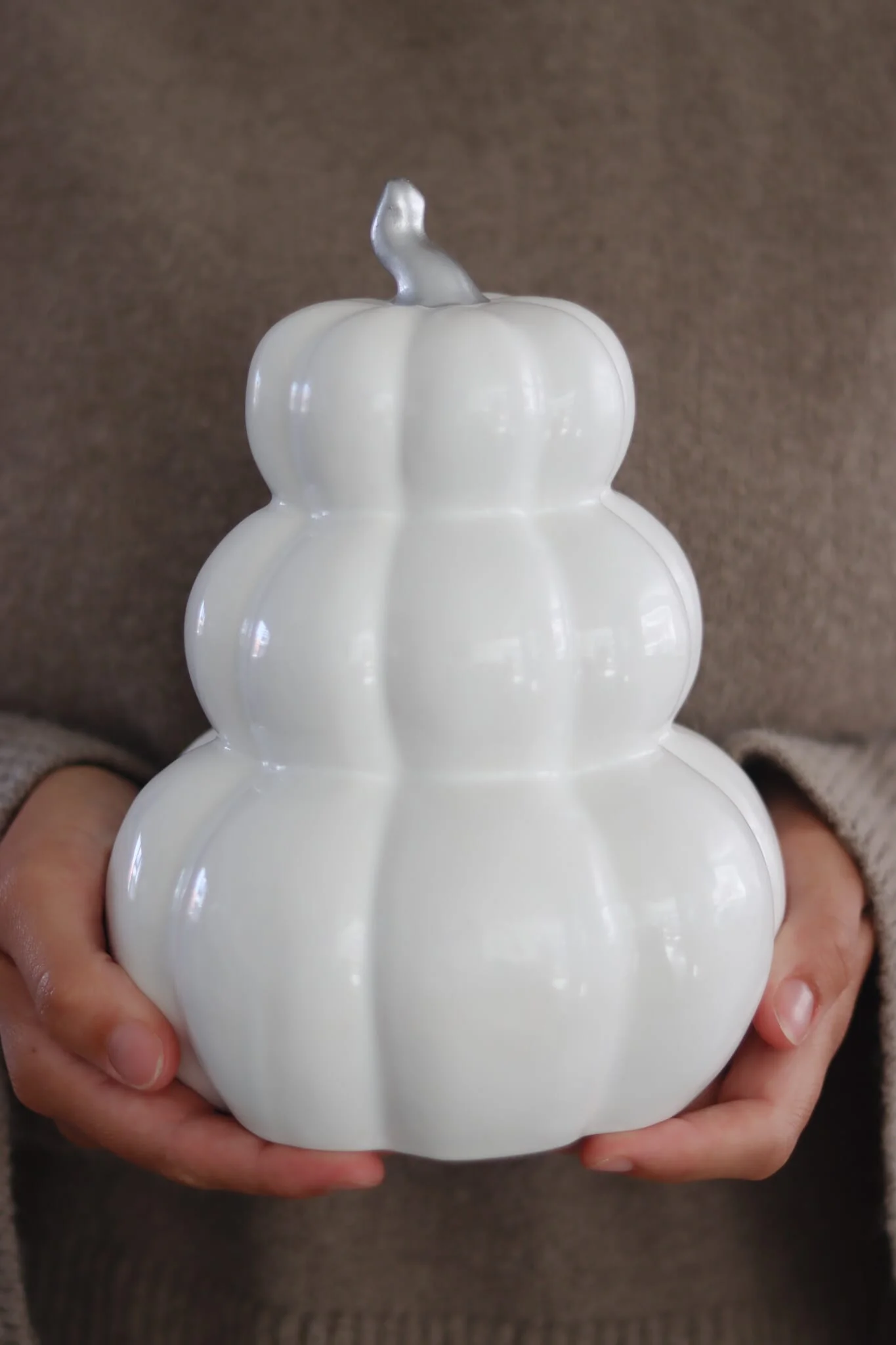 Stacked Ceramic Pumpkins-White/Silver - Image 2