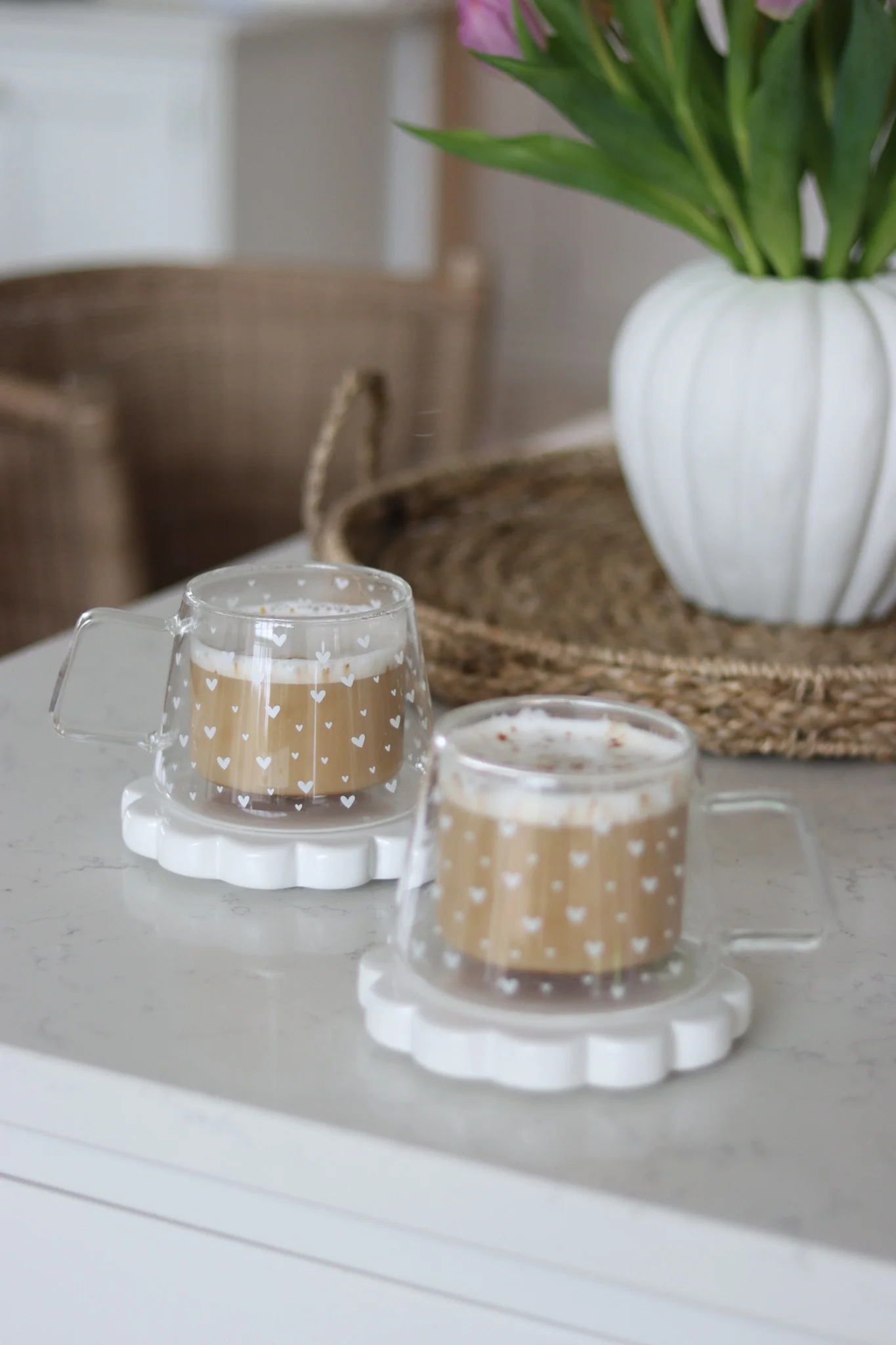 Wrap Around Double Walled Glass Mug Set -2 Piece – Multi Heart White